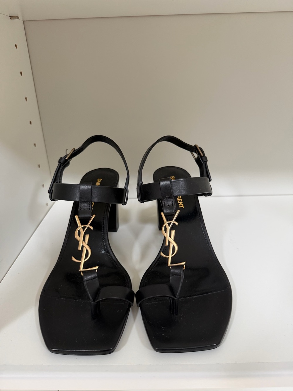Saint Laurent Cassandra YSL Leather Sandals – Black – Size EU 37.5